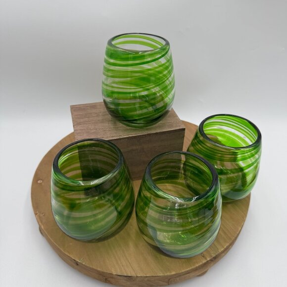 4  Green Swirl Hand Blown Stemless Wine Glasses - Spring, Summer bar ware - Picture 2 of 9